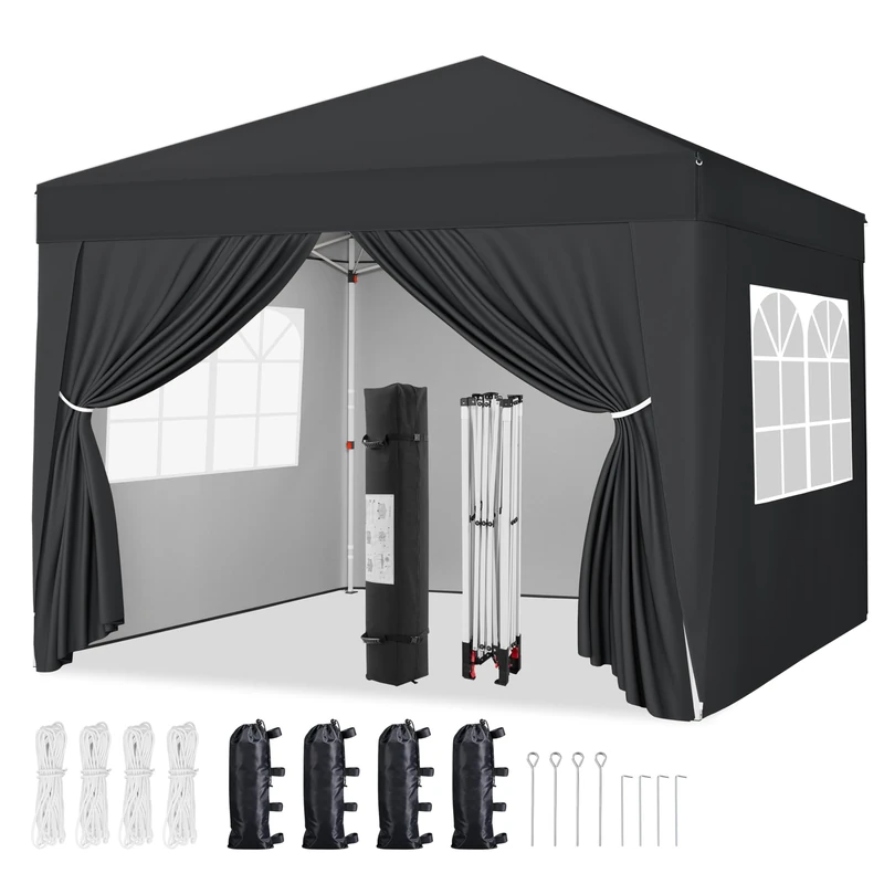 Yaheetech Pop-Up Gazebo 2x2 with 4 Removable Side Panels, Silver-costed Oxford Marquee Canopy with Wheeled Bag & Sandbags, Metal Frame Shelter Tent for Outdoor Garden Party Camping, Black