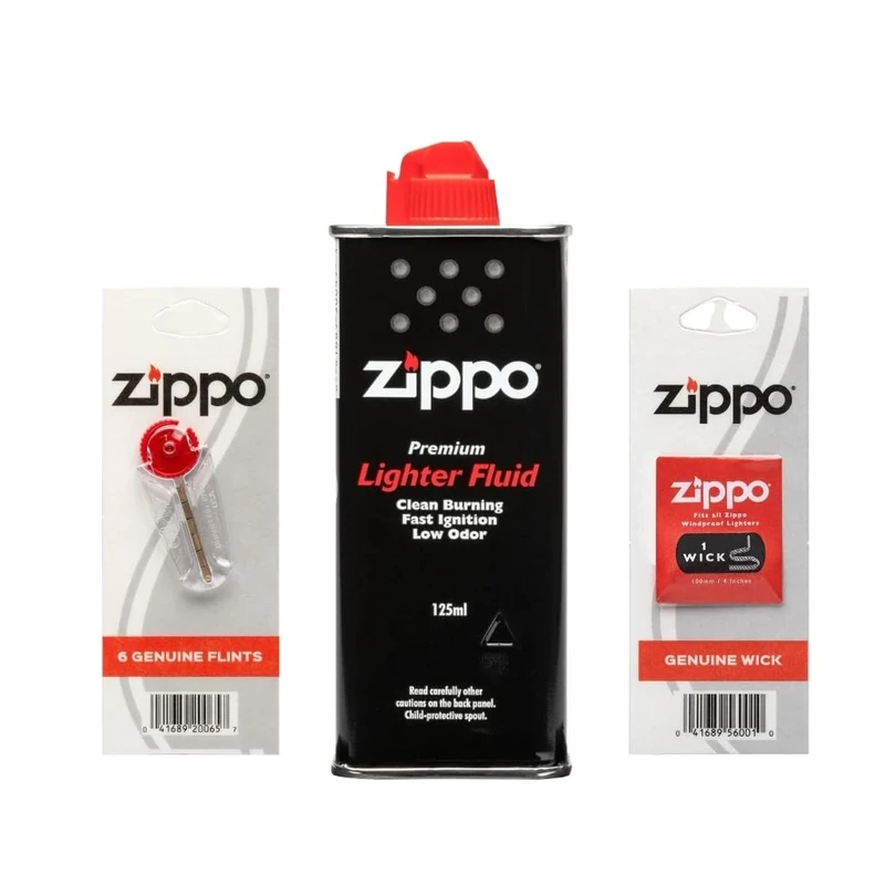 ZYBUX Zippo Lighter Fluid - 125ml Fuel Refill with Genuine Zippo Wick, Windproof Fast Ignition, Low Odour, Easy Refill Nozzle, Universal Fit for Clipper Lighters, Gas Light - 6 Zippo Flints