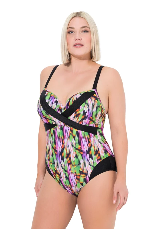 Ulla Popken Womenswear Plus Size Curvy Abstract Print Wrap Look Underwire Swimsuit Black 32 835959100-58