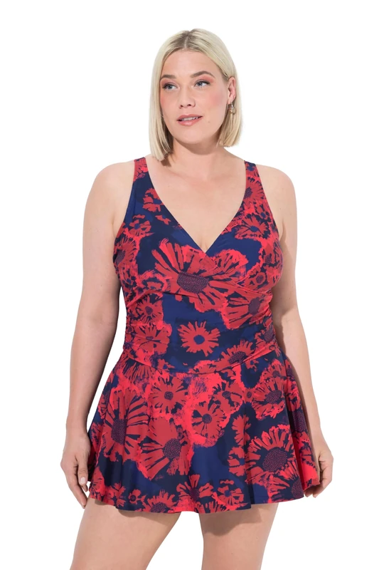 Ulla Popken Ladies Plus Size Plus Size April Swim Dress with Shorts Red Flowers, Navy, 16