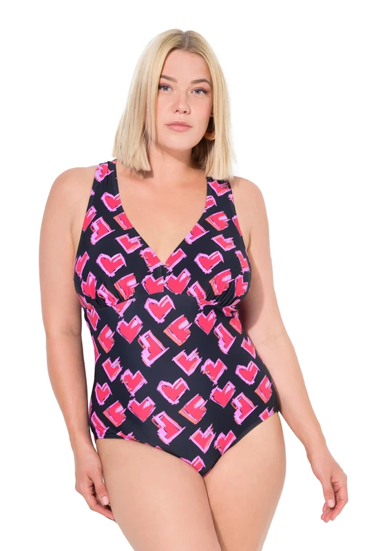 Ulla Popken Womenswear Plus Size Curvy Heart Print Macrame Strap One Piece Swimsuit Black 24 835850100-50