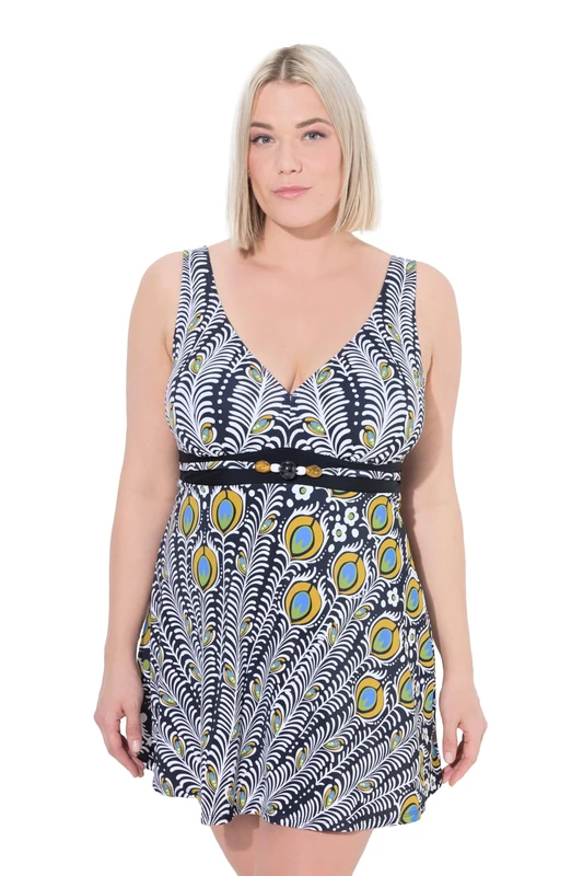 Ulla Popken Ladies Plus Size Plus Size Bathing Dress Amber Pearl Detail Peacock, Black, 16