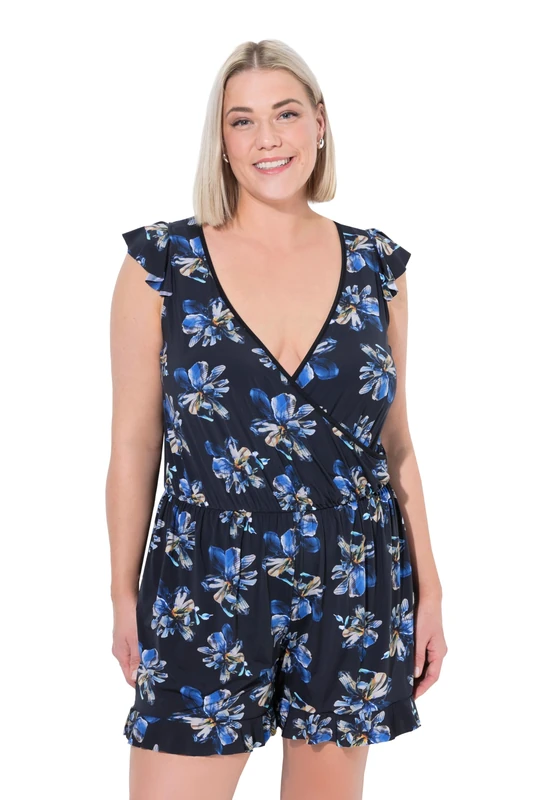Ulla Popken Womenswear Plus Size Curvy Floral Print Ruffled Swim Romper Black 22 836948100-48