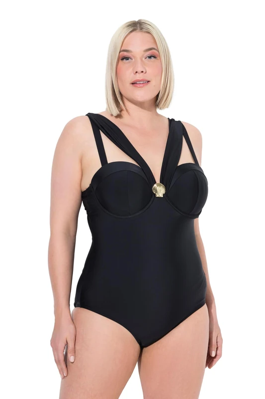 Ulla Popken Womenswear Plus Size Curvy Draped Strap One Piece Underwire Swimsuit Black 32 836462100-58