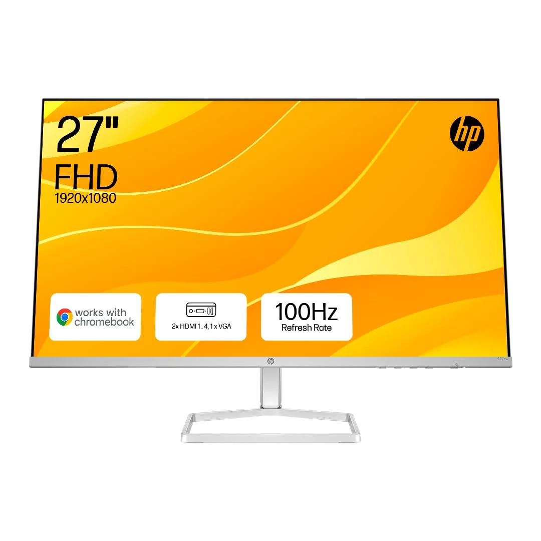 HP Series 5 27” Monitor | FHD IPS Display | 100 Hz Refresh Rate | 99% sRGB | 300 Nits Brightness | 1500:1 Contrast Ratio | Adjustable Tilt | Works with Chromebook | 2 HDMI 1.4, 1 VGA | White | 527sw