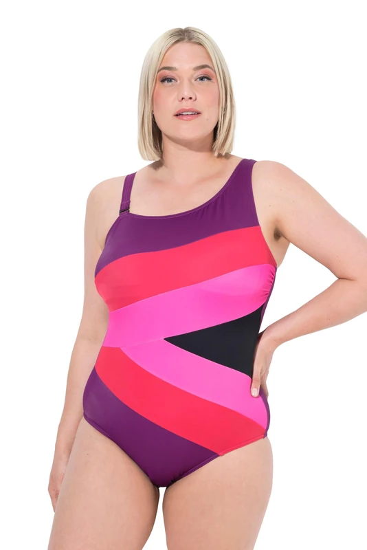 Ulla Popken Womenswear Plus Size Curvy Asymmetric Color Block One Piece Swimsuit Berry Pink 30 836756839-56