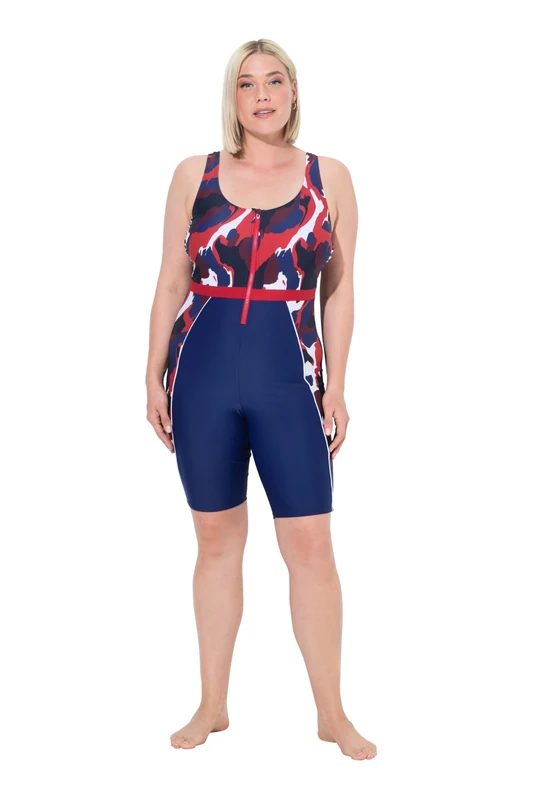 Ulla Popken Womenswear Plus Size Curvy Abstract Print Unitard Zip Front Swimsuit Marine 22 836821740-48