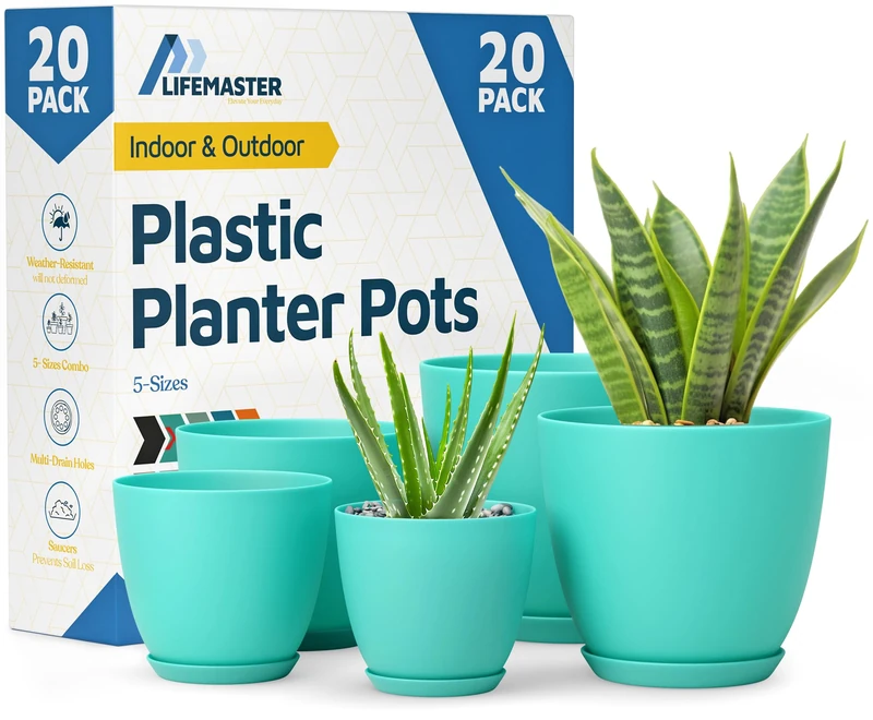Lifemaster Set of 20 Planter Pots with Drainage - Aqua