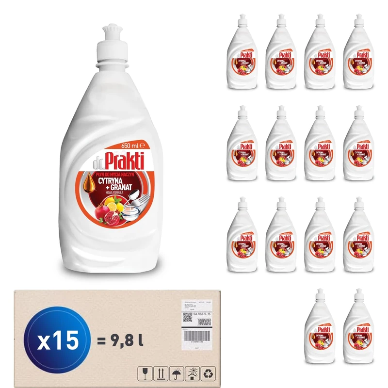 dr.Prakti Hand Dishwashing Liquid Lemon + Pomegranate, non-irritating to skin, concentrated and effective, 650 ml x 15
