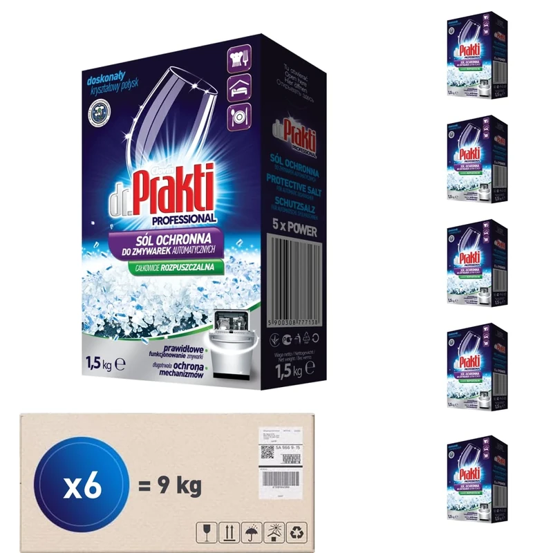 dr.Prakti Dishwasher Salt (6 x 1.5 kg) - Softens water and effectively prevents limescale in the dishwasher and on dishes, pack of 6