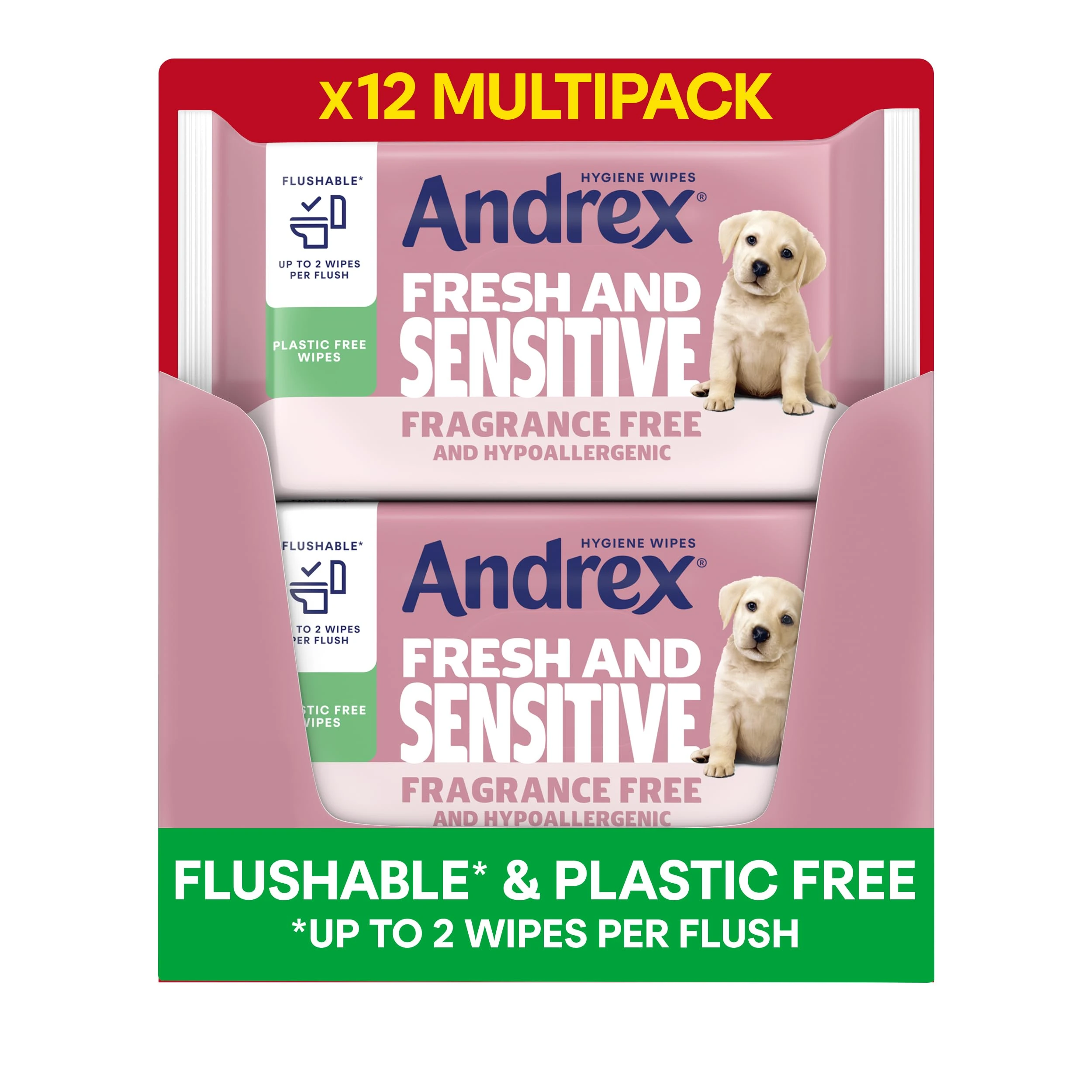 Andrex Fresh and Sensitive Hygiene Wipes, 12 Pack; Flushable Moist Toilet Tissue, Hypoallergenic and Fragrance Free Wet Wipes for Sensitive Skin (Pack of 12), FSC Certified