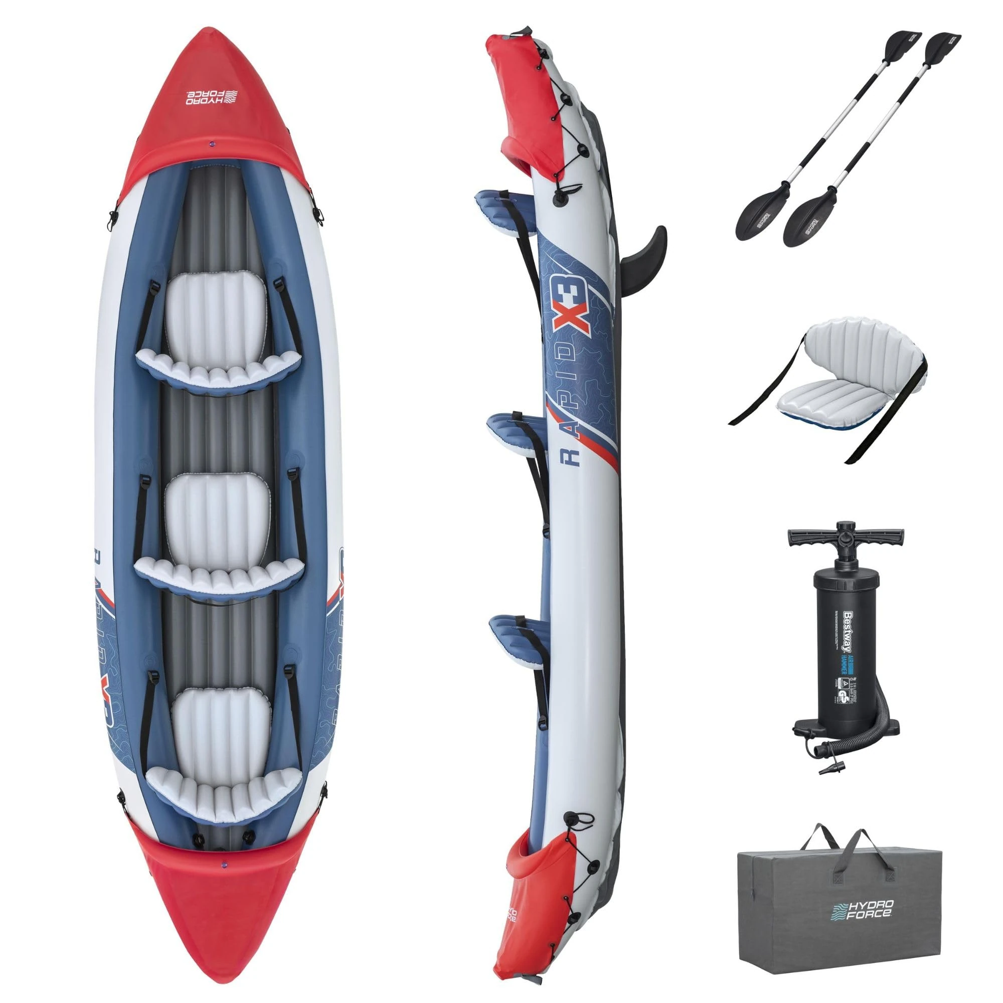 Bestway Hydro-Force 3 Person Inflatable Kayak Set with Aluminium Oars and Hand Pump, 3 Man Kayak