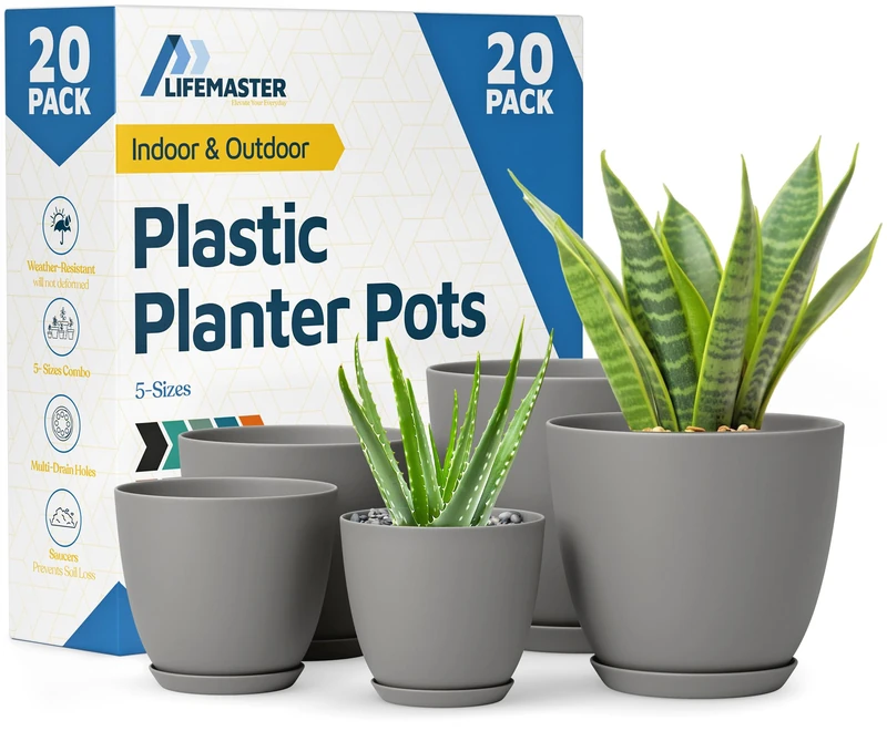 Lifemaster Planter Pots with Drainage Holes - Lightweight, Durable & Space-Saving Pots for Indoor and Outdoor - Versatile Functionality, Simple Modern Design, Set of 20 Plastic Planter Pots - Gray
