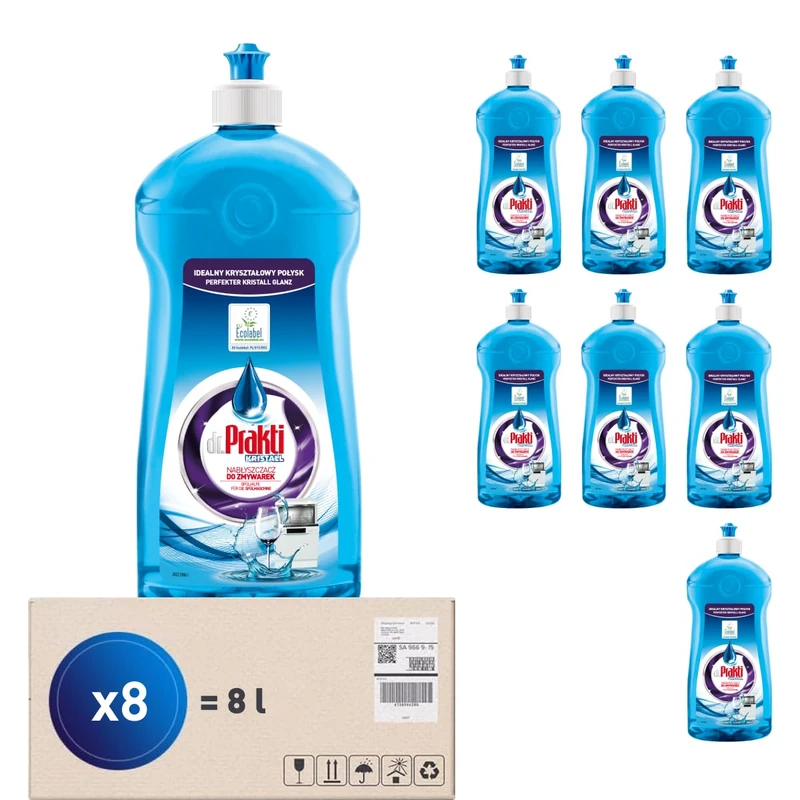 dr.Prakti Dishwasher Rinse Aid Liquid (8 x 1L) - Adds shine to dishes, leaves no marks, aids in drying, pack of 8