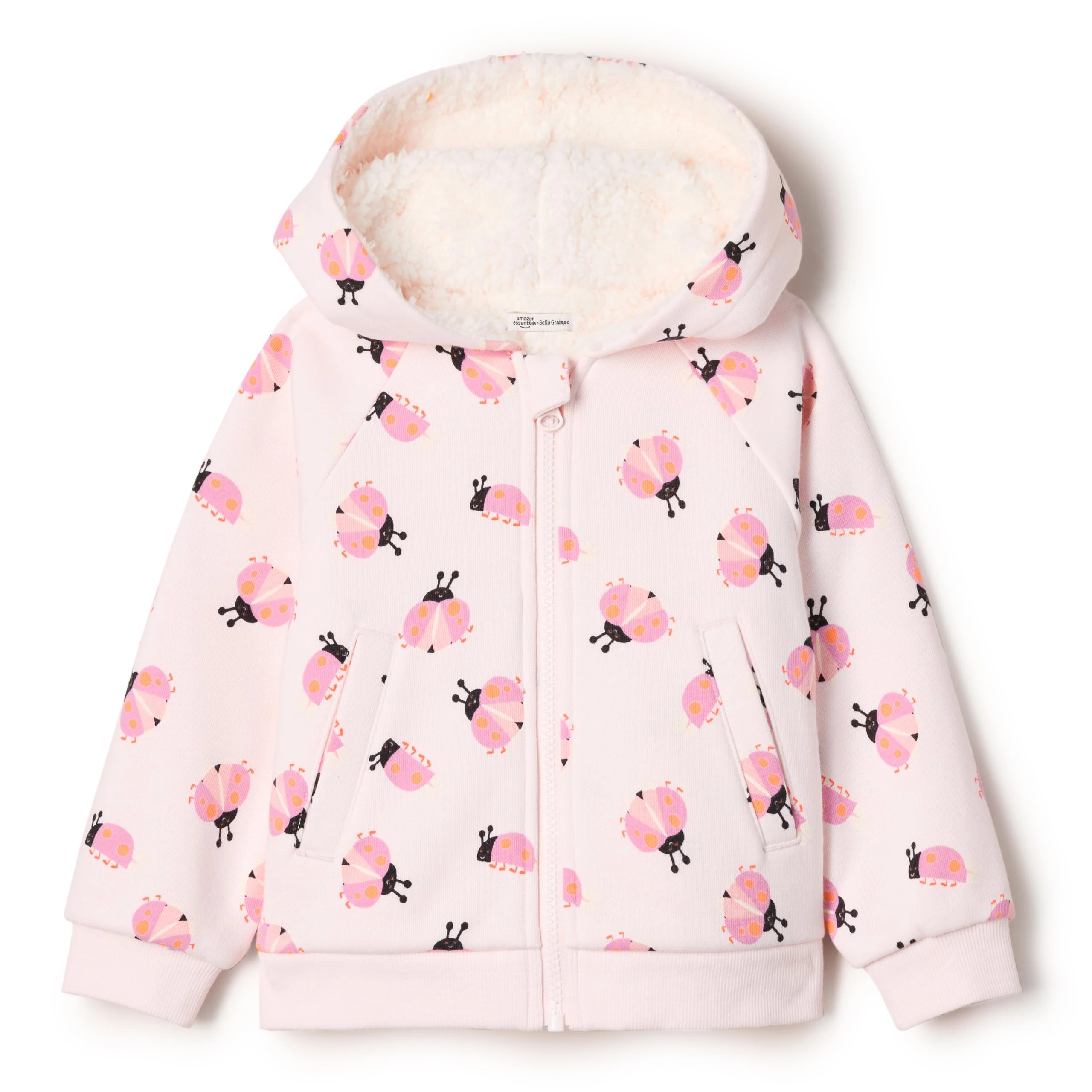 Amazon Essentials x Sofia Grainge Unisex Babies' Zip Hoodie Sweatshirt, Pale Pink Ladybirds, 18 Months