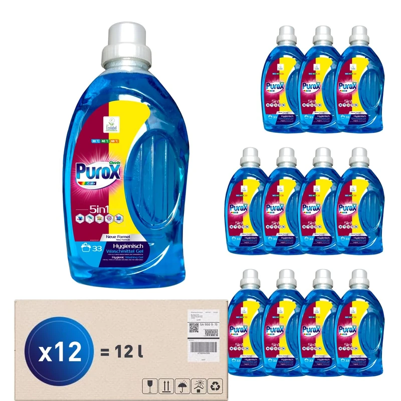 PUROX COLOR Liquid Detergent (33 Washes x 12) Gel for Coloured Clothes, PET 1 L, Pack of 12
