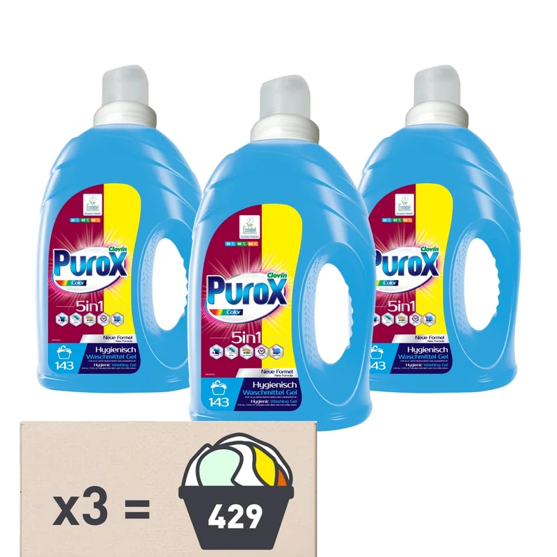 PUROX COLOR Liquid Detergent (143 Washes x 3) Gel for Coloured Clothes, HDPE 4.3 L, Pack of 3 - Image 1