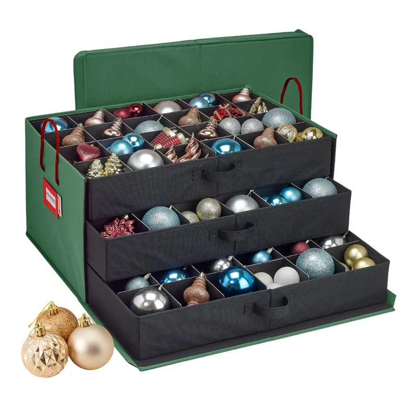 HOLDN’ STORAGE Christmas Ornament Storage Box with Dividers, Holds Up to 72 Ornaments (4 Inches), Large Organizer with 3 Stackable Trays - Green - Image 1