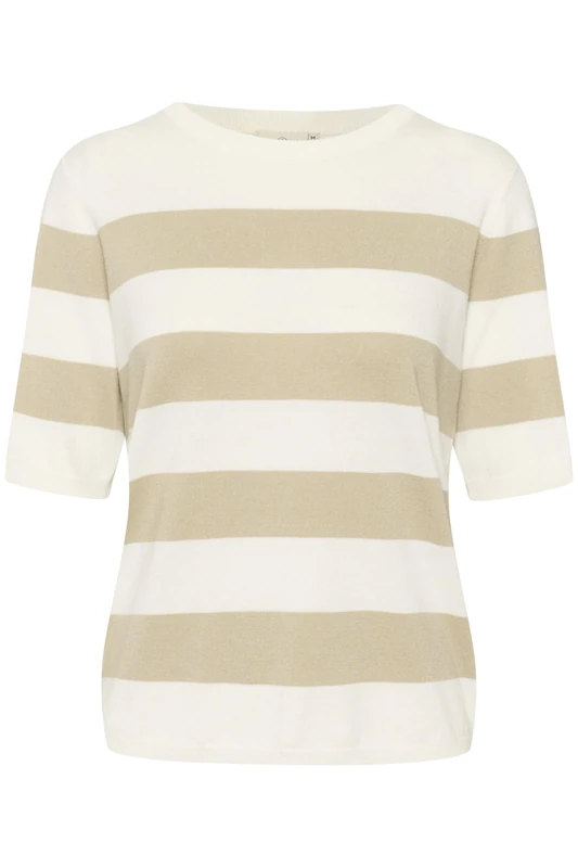 KAFFE Women's Pullover Crew Neck Short Sleeves Regular Fit Horizontal Sweater, Chalk/Feather Grey Bold Stripe, M