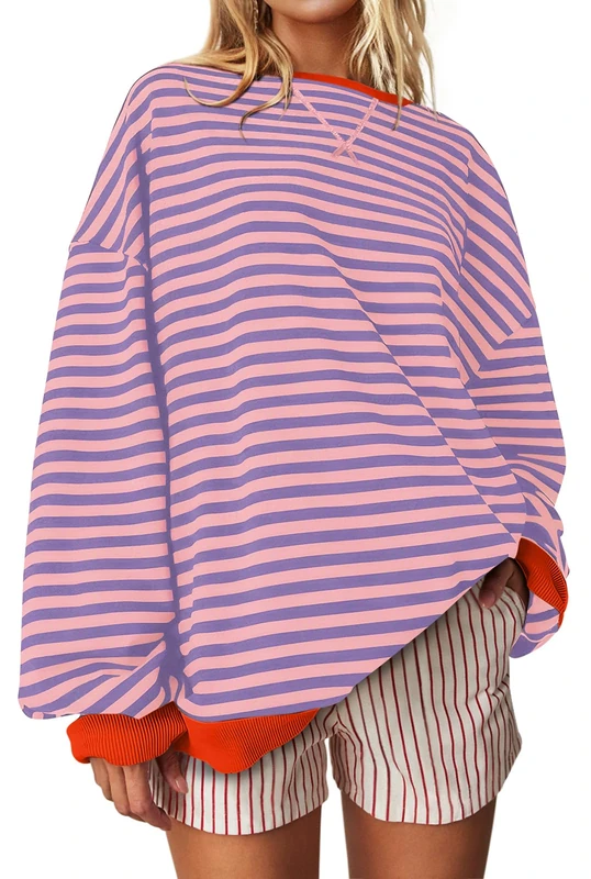 UEU Women Oversized Striped Crewneck Sweatshirt Long Sleeve Color Block Pullover Tops Casual Loose Workout Shirt, Pink Purple Stripe, Medium - Image 1