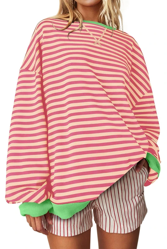 UEU Women Oversized Striped Crewneck Sweatshirt Long Sleeve Color Block Pullover Tops Casual Loose Workout Shirt, Pink Apricot Stripe, Medium