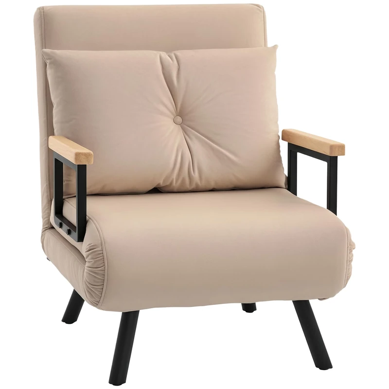 HOMCOM Single Chair Bed, Click Clack Convertible Bed Settee, Modern Velvet Feel Fabric Chair Couch with 1 Tufted Cushion, Wood Armrests, for Living Room, Bedroom, Guest Room, Beige - Image 1