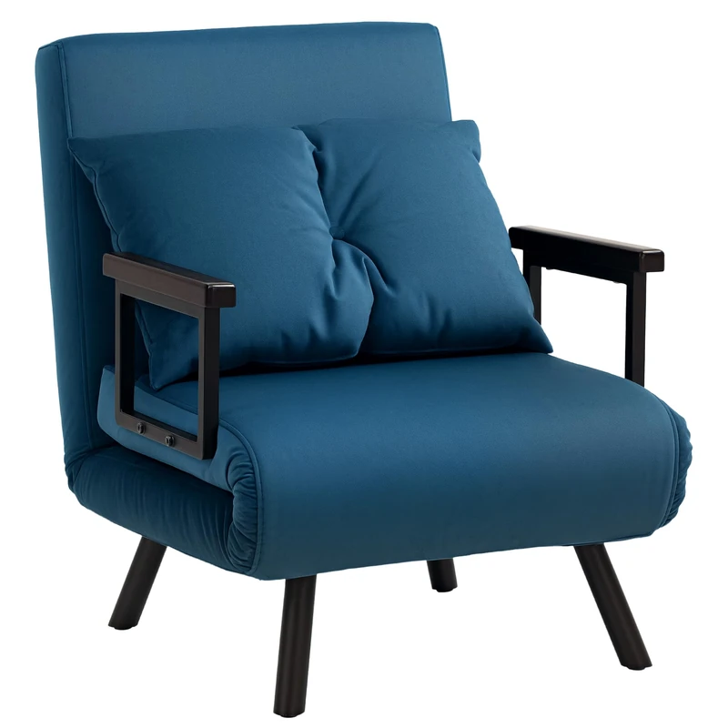 HOMCOM Single Chair Bed, Click Clack Convertible Bed Settee, Modern Velvet Feel Fabric Chair Couch with 1 Tufted Cushion, Wood Armrests, for Living Room, Bedroom, Guest Room, Navy Blue - Image 1
