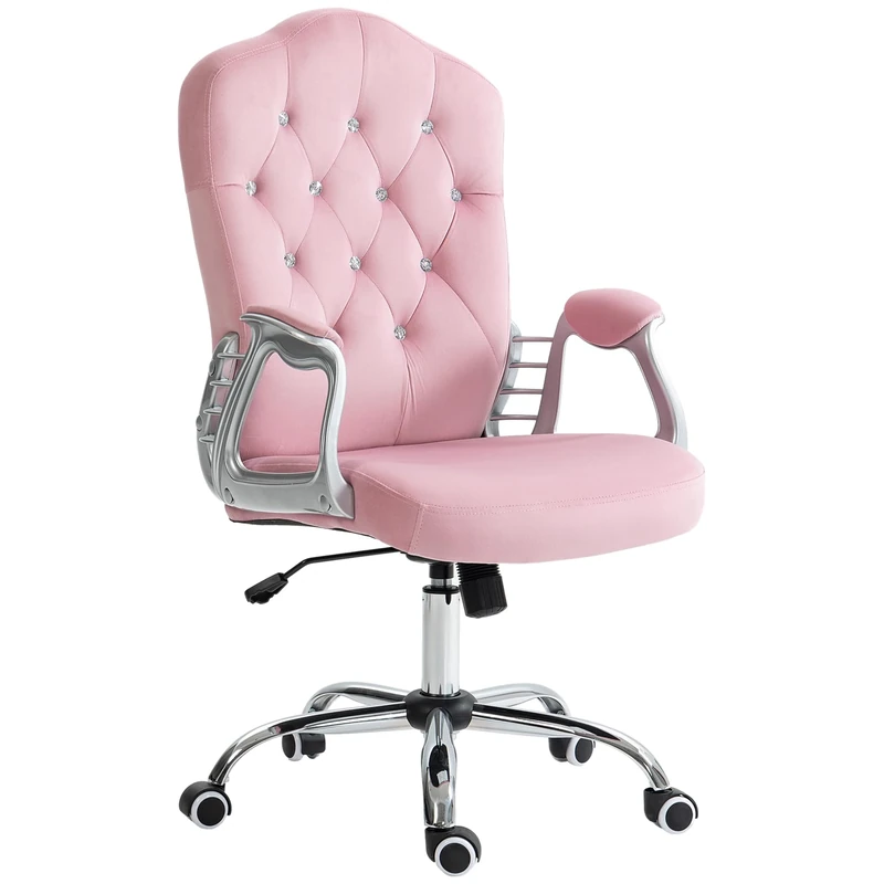 Vinsetto Home Office Chair, Velvet Computer Chair, Button Tufted Backrest with Swivel Wheels, Adjustable Height and Tilt Function, Pink