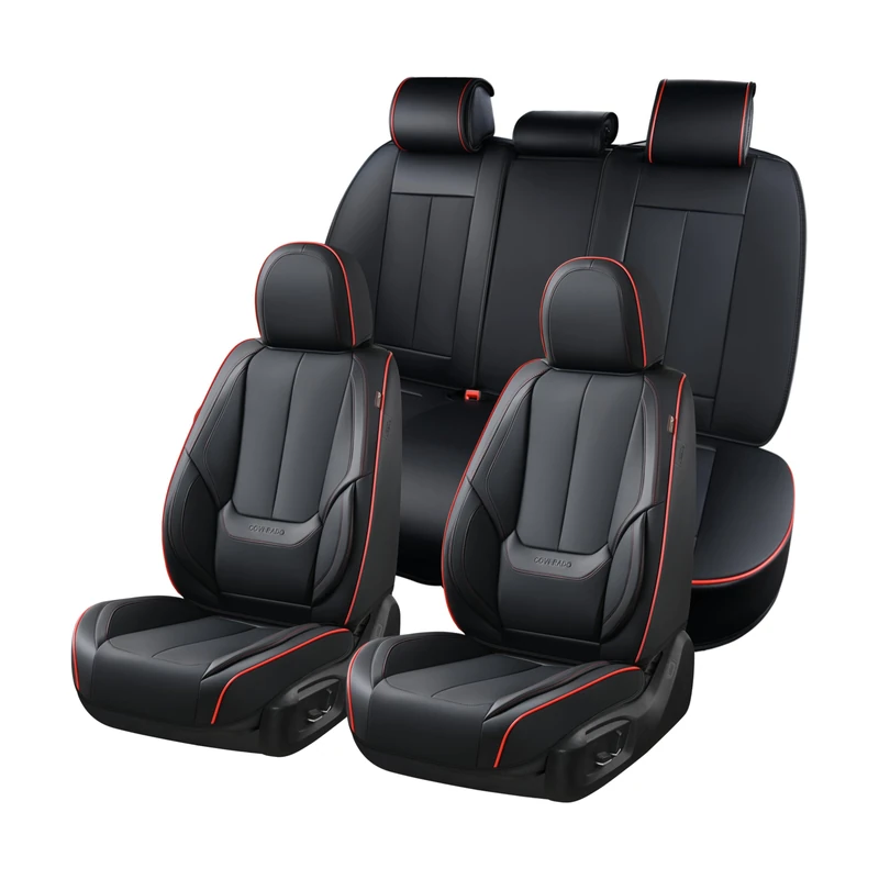 Coverado Car Seat Covers Full Set, Seat Covers for Cars, Black Car Seat Protector Waterproof, Nappa Leather Car Seat Cushion, Car Seat Covers Front Seats and Back Fit for Most Cars