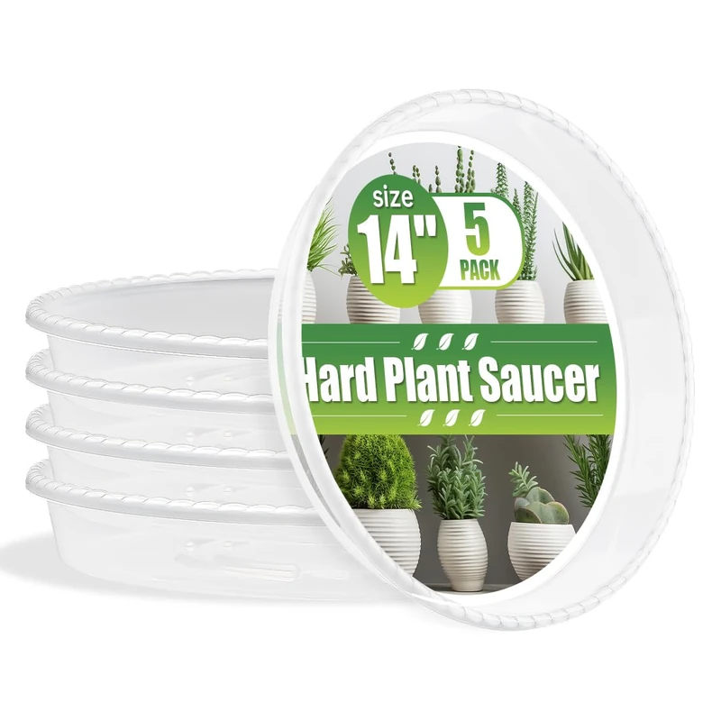 RooTrimmer 5 Pack 14 Inch Clear Plant Saucers for Pots,Heavy Duty Thick Plastic Plant Trays,Sturdy Water Catch Drip Trays for Indoor & Outdoor Plants