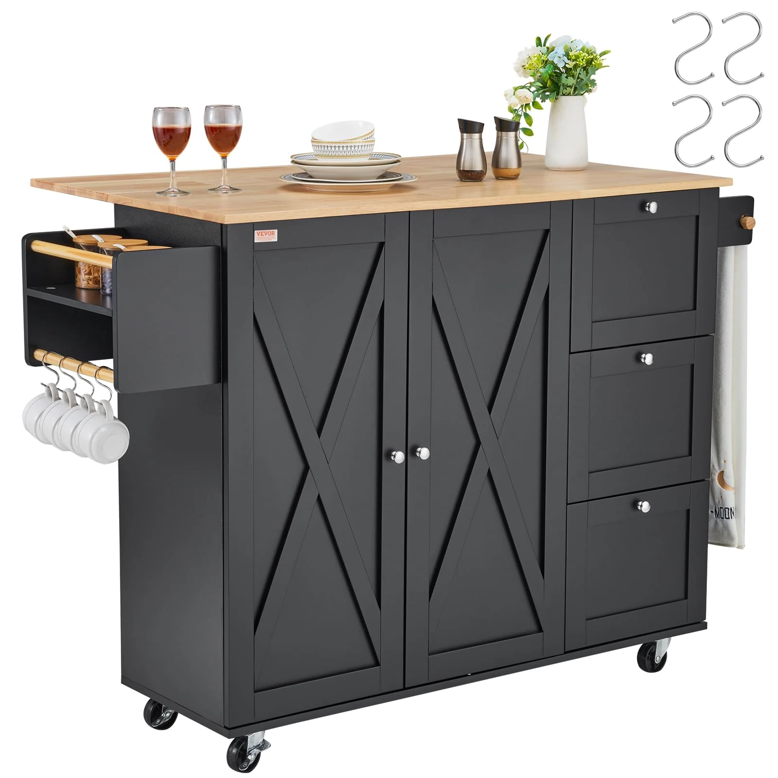 VEVOR Kitchen island trolley, 1150mm wooden top mobile kitchen trolley with storage cabinet, flap, spice rack, towel bar, adjustable shelf, drawer, hook, black