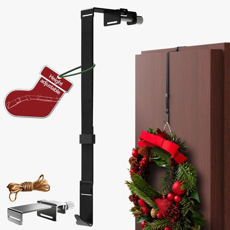 Menz Wreath Hanger for Front Door - Adaptable Wreath Holder for Front Door, Decoration Hanger, Decoration Hook for Christmas, Easter and Halloween, Christmas swags Outdoor Holder, Black