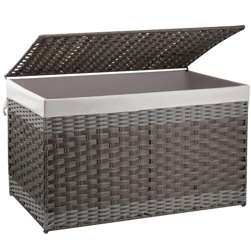 OIAHOMY Extra Large Storage Basket with Lid, 42.3 Gallon (160L) Blanket Basket with Removable Liner Bag, Wicker Basket with Handle, Foldable, Handwoven Basket for Bedroom, Living Room, Grey