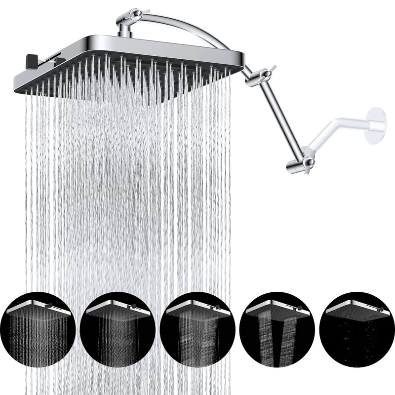 Hibbent Rain Shower Head 13" High Pressure Rainfall Square 5 Jet Modes Shower Head with 16" Shower Head Extension Arm Solid Brass Adjustable Shower Arm Extender