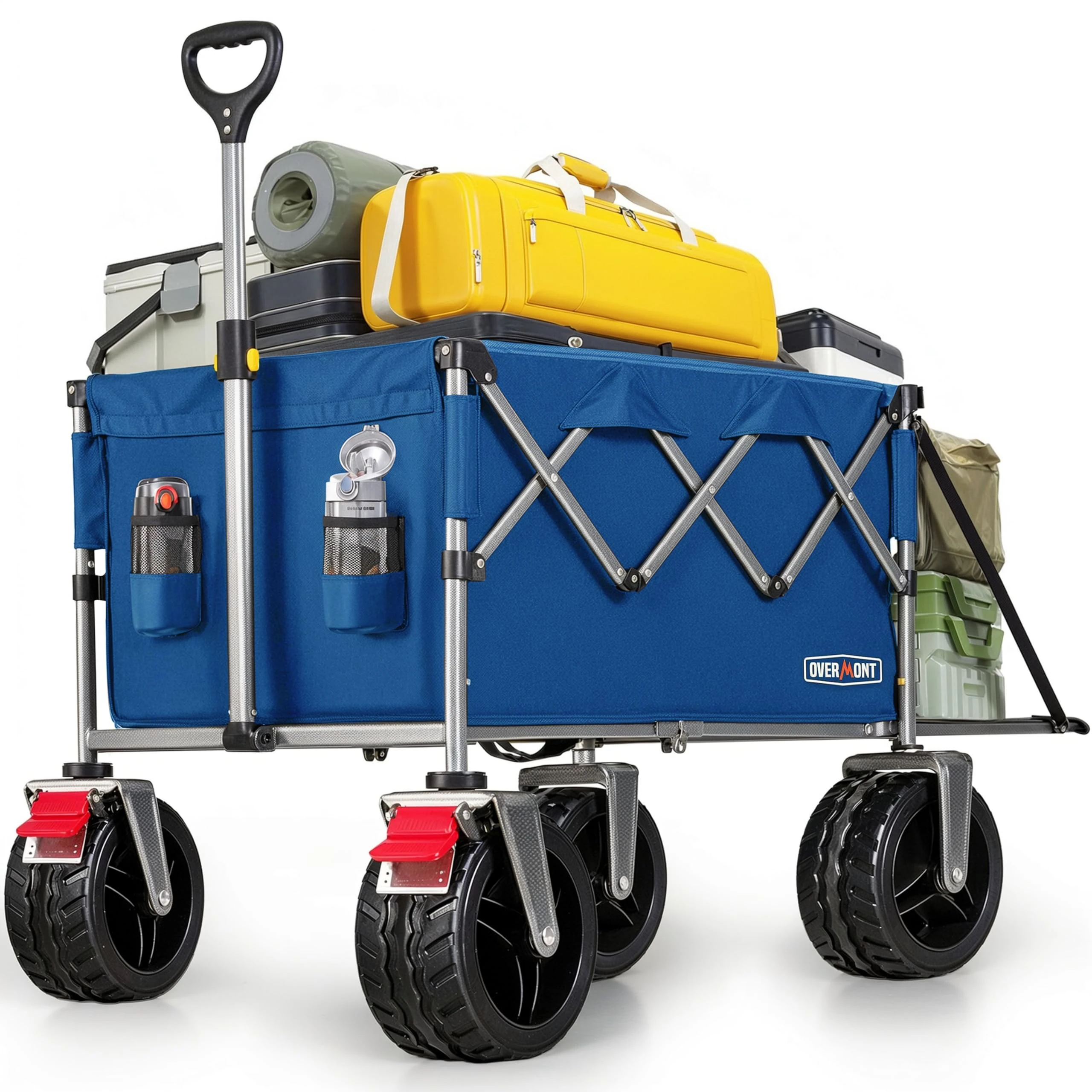 Overmont 300L Folding Festival Trolley Cart - All-terrain Extra Wide Wheels and Brake - Heavy Duty Cart Load up 150KG - with Adjustable Handle & Cover Bag - Wagon for Beach Camping Garden, Blue