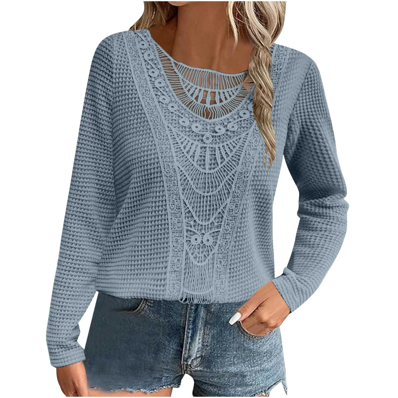 Women's Long Sleeve Elegant Dressy Tunic Tops Waffle T-Shirts Plain Loose Casual Sweatshirt Crewneck Pullover Lace Blouse Ladies Work Office Tee Shirts UK Clearance