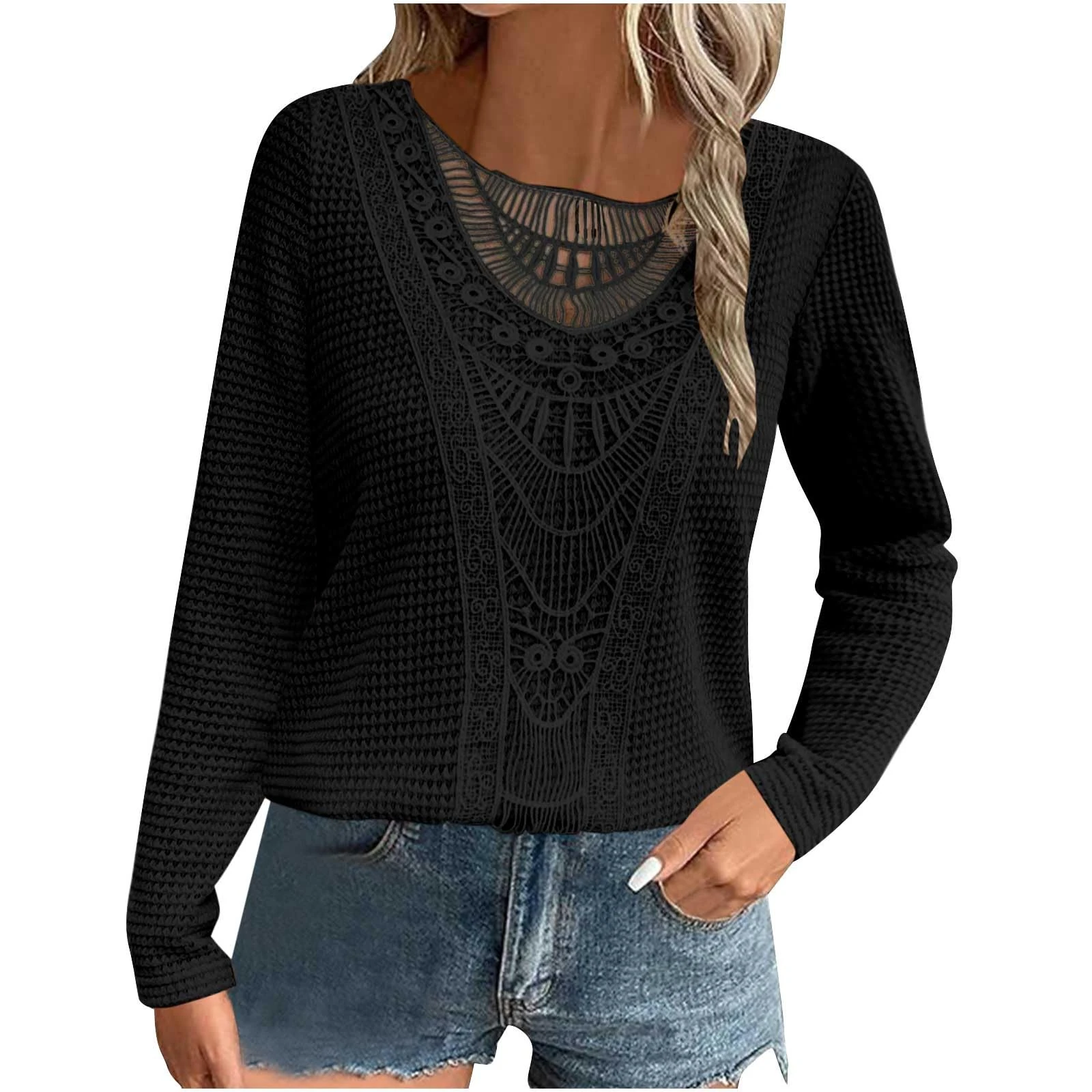 Women's Elegant Dressy Tunic Tops & Lace Blouse - Long Sleeve Waffle Tshirts & Plain Casual Sweatshirt for Women - UK Clearance Crewneck Pullover Tops - Ladies Work Office Tee Shirts