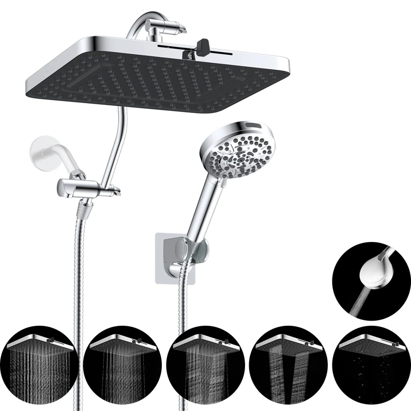 Hibbent Upgraded 5-Spray 13'' Shower Head, High Pressure Rainfall Shower Head, Dual Showerhead Combo with 10-Mode Handheld Spray, 12'' Adjustable Extension Arm, 71'' Hose, Showerhead Holder, Chrome
