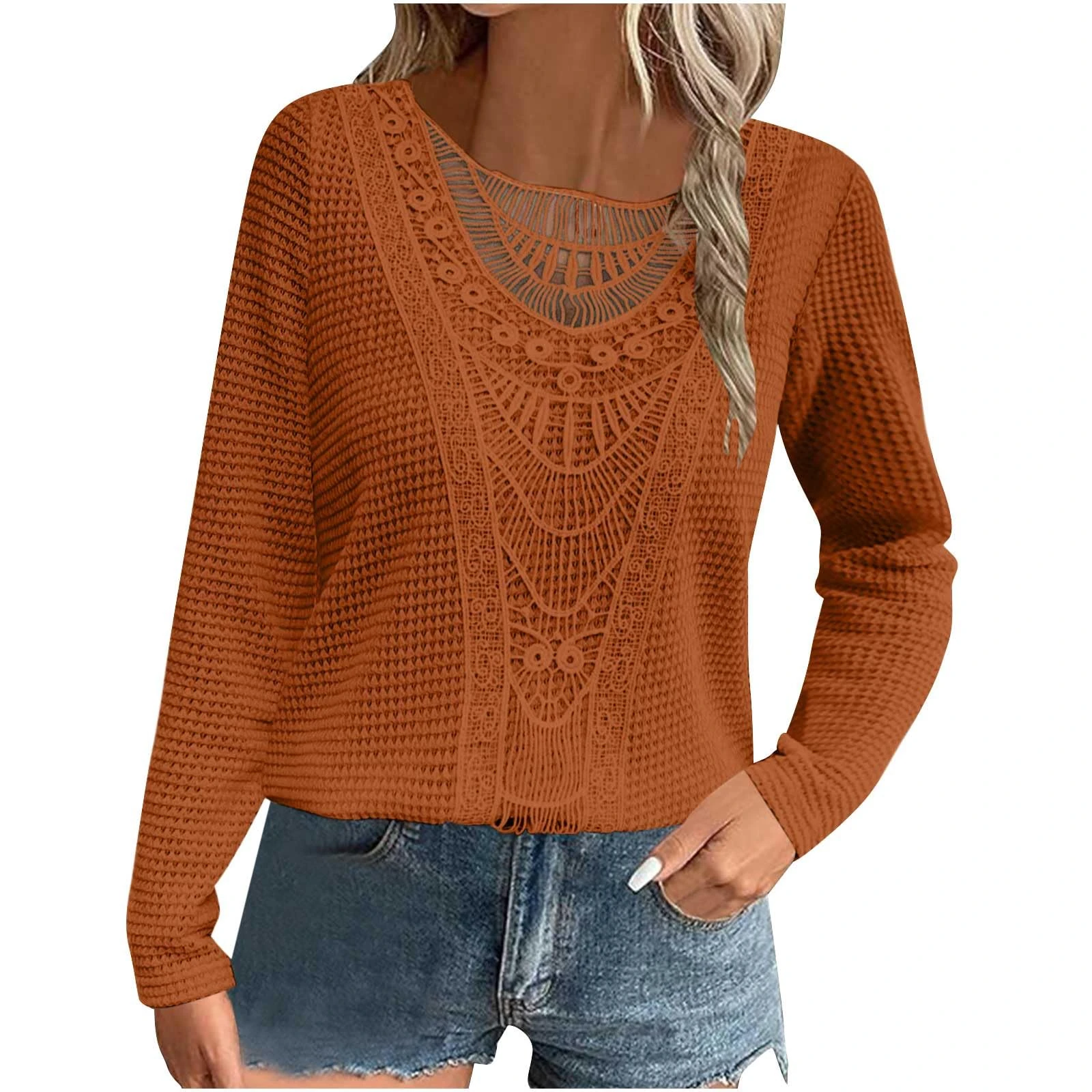 Women's Elegant Dressy Tunic Tops & Lace Blouse - Long Sleeve Waffle Tshirts & Casual Sweatshirt for Women - UK Clearance Crewneck Pullover Tops