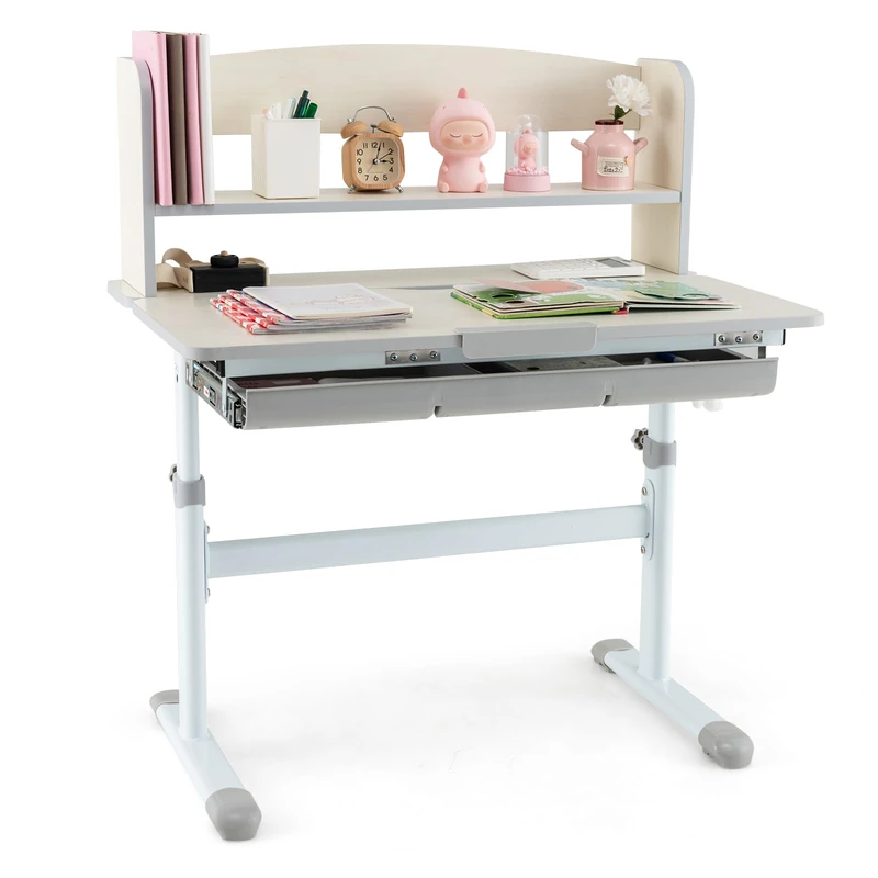 GYMAX Kids Desk, Height Adjustable Study Table with 7-Level Tiltable Desktop, Pull Out Drawer, Book Stand & Ruler, School Home Children Writing Desk for 3-12 Years Old Boys Girls (Grey)