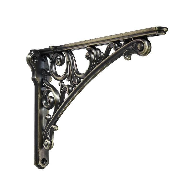 Khtumeware Shelf Bracket 12 Inch, Decorative Brackets for Shelving, Heavy Duty Vintage Brushed Antique Brass Ornate Shelf Bracket, Hardware Included, 4 Pack
