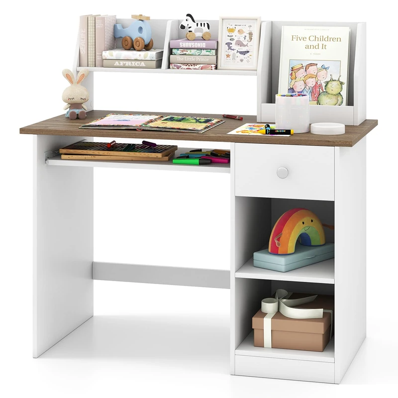 GYMAX Wooden Kids Desk, Children Study Table with Drawer, Tabletop Bookshelf, Keyboard Tray, Shelves & Hutch, White Computer Desk Student Writing Table for Home School Use (White+Natural)