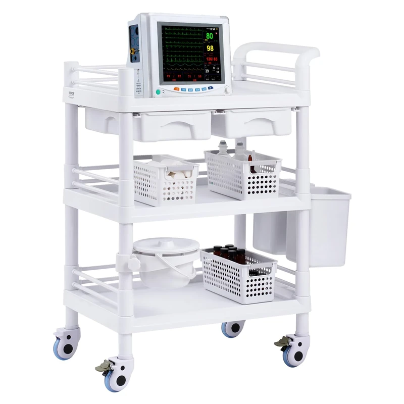 VEVOR 3 Tiers Lab Carts, Lab Utility Cart with 3 Trays & 4 Silent Wheels, Mobile Medical Cart with PP Material, Lab Rolling Cart with 3 Trash Cans for Lab, Clinic, Hospital, Salon, White