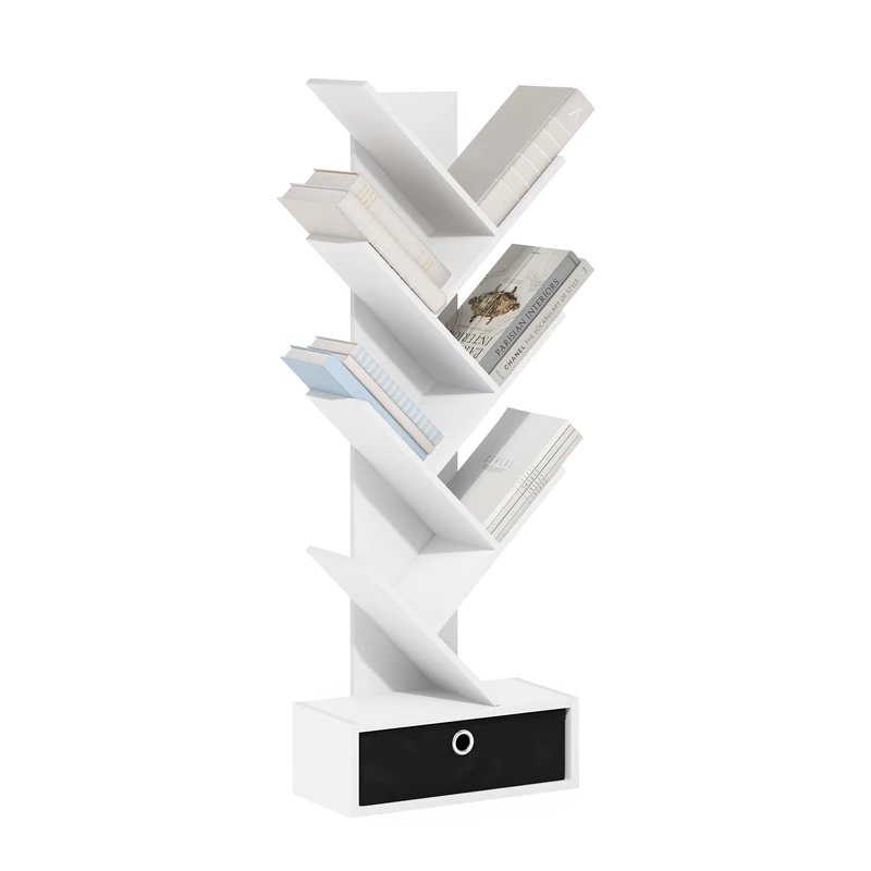 Furinno Tree Bookshelf 7-Tier Floor Standing Tree Bookcase with Bin Drawer, White/Black