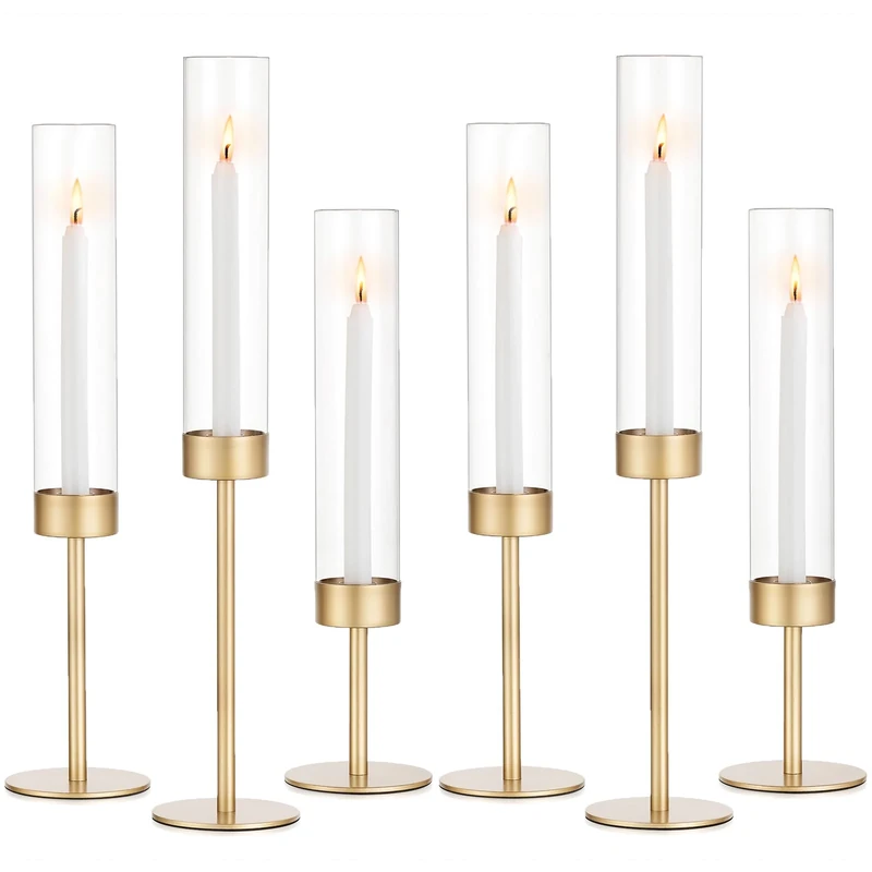Romadedi Glass Hurricane Candlestick Holders Gold Set of 6 Taper Candle Holder Bulk Tall Clear Glass Cylinder Table Centerpiece Wedding Decor Party Birthday Christmas Home Decorations