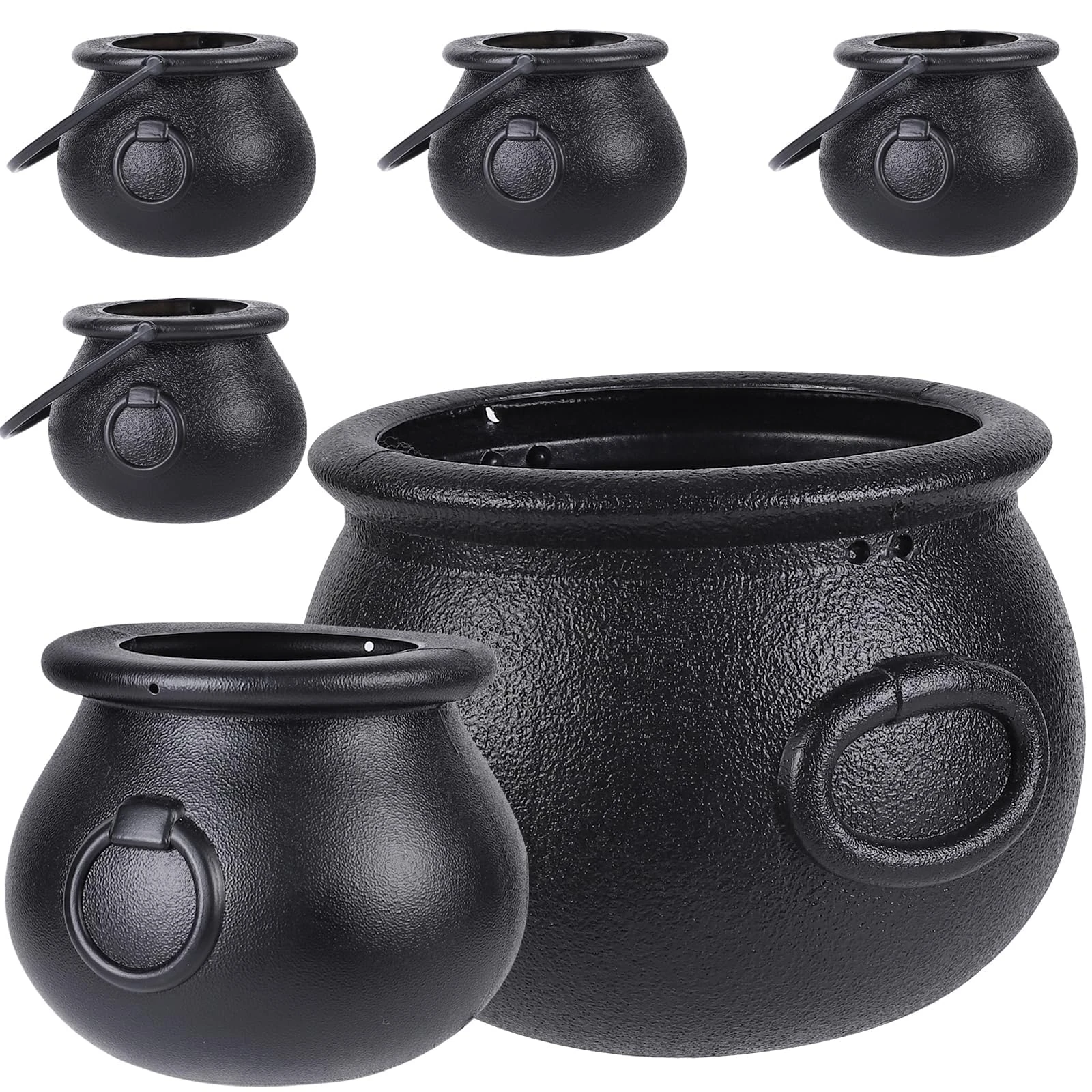 JOLCEEY 6pcs(8.5", 5.5", 4pcs 2.8") Halloween Large Cauldron, Black Plastic Witch Cauldron Pot Candy Bucket Holder with Handle for Trick or Treat Halloween Party Decorations Supplies