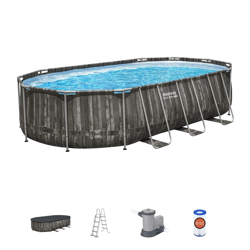 Bestway 20ft Power Steel Above Ground Pool, with Pump and Ladder, Oval Wooden Print