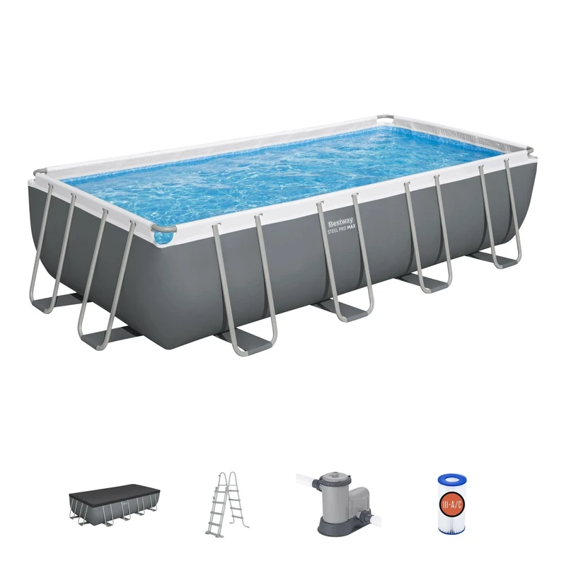 Bestway Power Steel Swimming Pool Complete Set | Above Ground Rectangle Paddling Pool, 18' x 9’, Grey