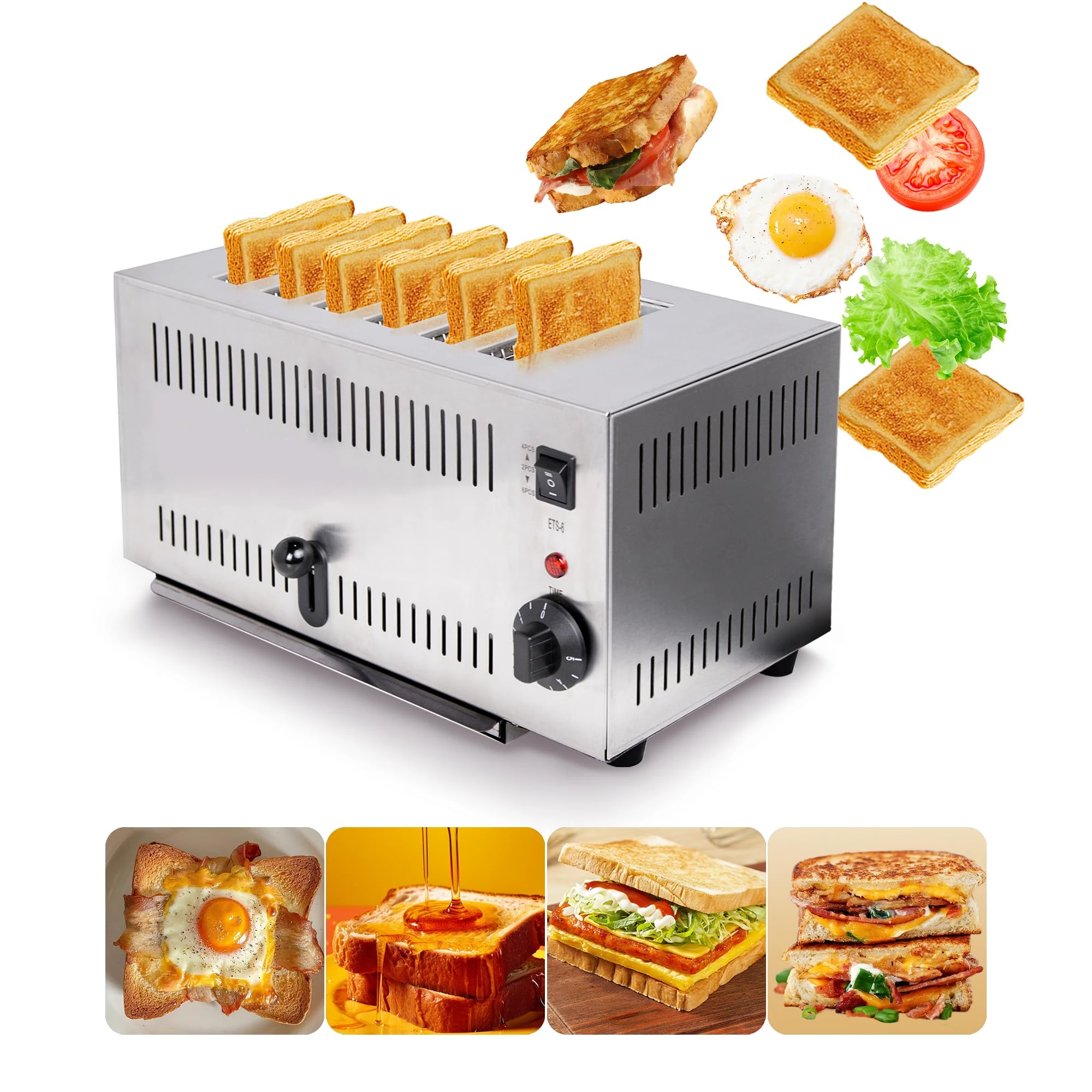 HAKKA 6 Slice Toaster Commercial Stainless Steel Toaster,Five Speed Adjustable Toaster/2500W,Pop-Up Toasters,Extra Wide Slots,Hamburger Bread Toaster With Removable Crumb Tray