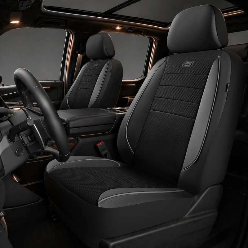Skechers Air-Cooled Memory Foam Seat Covers,Mesh Thick Car Seat Covers,Piping Leather Car Seat Covers Front Seats,Airbag Compatible,Automotive ComfortUniversal Fit Most Cars,Vans,Truck,SUV,Gray - Image 1